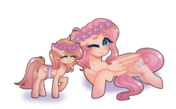 Size: 1024x635 | Tagged: safe, artist:moon-rose-rosie, fluttershy, oc, oc:magnolia, pony, g4, bandage, duo, floral head wreath, flower, offspring, one eye closed, parent:bulk biceps, parent:fluttershy, parents:flutterbulk, prone, simple background, transparent background, wink