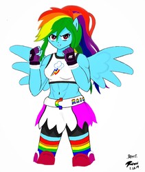 Size: 1516x1800 | Tagged: safe, artist:radiancebreaker, rainbow dash, equestria girls, g4, belly button, clothes, exeron fighters, female, midriff, simple background, skirt, solo, sports bra, white background