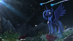 Size: 6400x3600 | Tagged: safe, artist:backmaker, princess luna, alicorn, pony, g4, 3d, flower, nature, night, s1 luna, solo, source filmmaker, stars