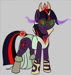 Size: 400x424 | Tagged: safe, artist:tlatophat, twilight sparkle, pony, unicorn, ask corrupted twilight sparkle, g4, clothes, corrupted, corrupted twilight sparkle, crown, curved horn, dark, dark equestria, dark magic, dark queen, dark world, female, formal, formal attire, formal dress, formal wear, hoof shoes, horn, jewelry, magic, necklace, queen twilight, regalia, solo, sombra eyes, sombra horn, tiara, tumblr, tyrant sparkle, unicorn twilight