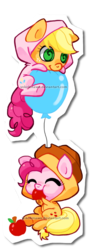 Size: 510x1405 | Tagged: safe, artist:yokokinawa, applejack, pinkie pie, g4, apple, balloon, blushing, chibi, clothes, costume, food, friendship, kigurumi, simple background, transparent background, watermark