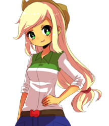 Size: 640x740 | Tagged: safe, artist:weiliy, applejack, human, equestria girls, g4, anime, applejack's hat, belt, blushing, clothes, cowboy hat, cute, denim, denim skirt, female, freckles, hair tie, hand on hip, hat, looking at you, moe, open mouth, pixiv, ponytail, pose, rolled up sleeves, simple background, skirt, smiling, solo, stetson, white background