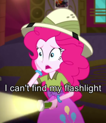 Size: 550x640 | Tagged: safe, edit, edited screencap, screencap, pinkie pie, equestria girls, g4, my little pony equestria girls: summertime shorts, the canterlot movie club, cropped, fail, female, flashlight (object), hat, pith helmet, silly, solo, text edit