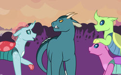 Size: 1280x799 | Tagged: safe, artist:quincydragon, axilla, lumbar, ocellus, oc, oc:coxal, changedling, changeling, dragonling, hybrid, g4, fanfic in the description, interspecies offspring, magical gay spawn, offspring, older, older axilla, older lumbar, older ocellus, parent:garble, parent:pharynx