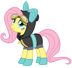 Size: 788x750 | Tagged: safe, artist:srsishere, fluttershy, pony, g4, bunny ears, clothes, costume, dangerous mission outfit, female, goggles, hoodie, mare, simple background, smiling, solo, transparent background, vector