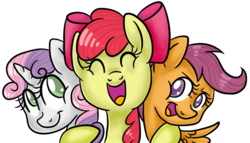 Size: 1076x616 | Tagged: safe, artist:srsishere, apple bloom, scootaloo, sweetie belle, pegasus, pony, unicorn, g4, cutie mark crusaders, female, filly, hug, open mouth, simple background, smiling, transparent background, trio