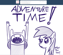 Size: 1280x1126 | Tagged: safe, artist:datahmedz, sunshower raindrops, pony, raindropsanswers, g4, adventure time, ask, crossover, finn the human, male, monochrome, tumblr, what the hay?