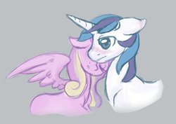 Size: 729x517 | Tagged: safe, artist:srsishere, princess cadance, shining armor, pony, unicorn, g4, blushing, female, floppy ears, gray background, male, mare, nuzzling, ship:shiningcadance, shipping, simple background, stallion, straight