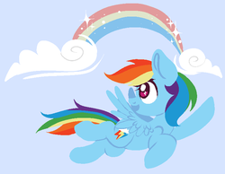 Size: 727x565 | Tagged: safe, artist:srsishere, rainbow dash, pegasus, pony, g4, backwards cutie mark, cloud, female, flying, looking back, mare, open mouth, pixel art, rainbow, raised hoof, solo