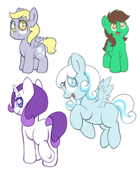 Size: 927x1150 | Tagged: safe, artist:srsishere, derpy hooves, rarity, oc, oc:snowdrop, pegasus, pony, unicorn, g4, blank flank, cute, cutie mark, female, filly, flying, heart eyes, looking at you, looking back, looking back at you, mare, open mouth, simple background, smiling, underhoof, white background, wingding eyes