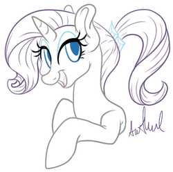 Size: 408x406 | Tagged: safe, artist:srsishere, rarity, pony, unicorn, g4, alternate hairstyle, bust, female, hair tie, limited palette, lineart, looking at you, mare, open mouth, ponytail, simple background, solo, white background