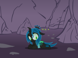 Size: 640x480 | Tagged: safe, artist:srsishere, queen chrysalis, changeling, changeling queen, g4, ..., age regression, cave, cute, cutealis, female, filly, filly-queen-chrysalis, frown, shocked, solo
