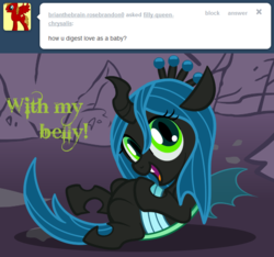 Size: 640x598 | Tagged: safe, artist:srsishere, queen chrysalis, changeling, g4, age regression, ask, cave, chubby, cute, cutealis, female, filly, filly-queen-chrysalis, looking at you, on back, solo, speech, text, tumblr