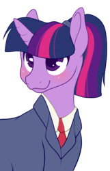 Size: 531x822 | Tagged: safe, artist:srsishere, twilight sparkle, pony, g4, alternate hairstyle, blushing, clothes, female, hair tie, looking up, mare, ponytail, simple background, smiling, solo, suit, transparent background