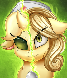 Size: 1722x2003 | Tagged: safe, artist:pridark, oc, oc only, oc:sunny smile, changeling, pony, bust, commission, evil smile, female, floppy ears, grin, looking at you, mare, portrait, smiling