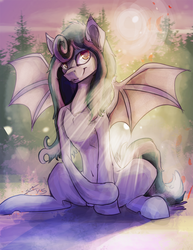 Size: 927x1200 | Tagged: safe, artist:blindcoyote, oc, oc only, bat pony, pony, backlighting, belly, belly button, blurry background, chest fluff, collarbone, concave belly, crepuscular rays, lighting, ribcage, shading, signature, sitting, slender, solo, spread wings, thin, wings
