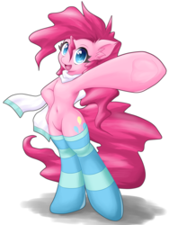 Size: 1500x2000 | Tagged: safe, artist:ragurimo, pinkie pie, earth pony, pony, semi-anthro, g4, arm hooves, belly button, bipedal, clothes, female, mare, scarf, simple background, socks, solo, striped socks, thigh highs, white background