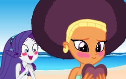 Size: 1800x1128 | Tagged: safe, artist:katnekobase, artist:ktd1993, artist:matty4z, rarity, saffron masala, equestria girls, g4, lost and found, my little pony equestria girls: better together, afro, blushing, clothes, equestria girls-ified, female, lesbian, raffron, shipping, swimsuit