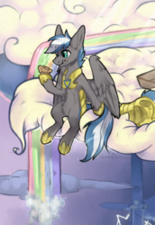 Size: 1635x2375 | Tagged: safe, artist:lonerdemiurge_nail, oc, oc only, oc:cloud zapper, pegasus, pony, armor, cloud, eating, food, hoof hold, hoof shoes, liquid rainbow, male, muffin, solo, stallion