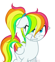 Size: 908x1018 | Tagged: safe, artist:aledera, oc, oc only, pegasus, pony, angry, colored wings, female, mare, multicolored wings, rainbow hair, simple background, solo, transparent background