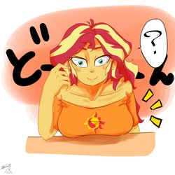 Size: 1000x1000 | Tagged: safe, artist:sozglitch, sunset shimmer, human, equestria girls, g4, blushing, breasts, busty sunset shimmer, clothes, confused, female, japanese, question mark, signature, smiling, solo