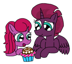 Size: 1217x1080 | Tagged: safe, artist:徐詩珮, fizzlepop berrytwist, tempest shadow, oc, oc:betty pop, alicorn, pony, unicorn, g4, alicornified, cupcake, female, filly, food, magical lesbian spawn, mother and daughter, next generation, offspring, parent:glitter drops, parent:tempest shadow, parents:glittershadow, race swap, simple background, transparent background