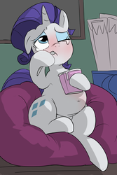 Size: 1500x2250 | Tagged: safe, artist:baigak, rarity, pony, unicorn, g4, beanbag chair, belly, belly button, chubby, comfort eating, crying, eating, fat, female, food, ice cream, mare, marshmelodrama, one eye closed, raritubby, sitting, solo, spoon, teary eyes