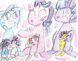 Size: 1976x1555 | Tagged: safe, artist:ptitemouette, starlight glimmer, trixie, twilight sparkle, oc, oc:celeste shimmer, oc:galaxy trick, oc:stella moon, oc:sunny jewel, pony, g4, brother and sister, female, magical lesbian spawn, male, mother and daughter, mother and son, offspring, parent:moondancer, parent:starlight glimmer, parent:sunburst, parent:sunset shimmer, parent:trixie, parent:twilight sparkle, parents:starburst, parents:sunsetsparkle, parents:trickdancer
