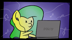Size: 800x450 | Tagged: safe, artist:maneingreen, oc, oc:plumette, pegasus, pony, animated, computer, female, gif, laptop computer, mare, music, music notes, pony (sony), solo