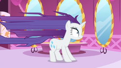 Size: 1092x610 | Tagged: safe, screencap, rarity, pony, unicorn, g4, rarity's biggest fan, female, long mane, long tail, mare, mirror, solo, wide eyes