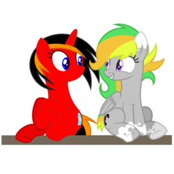 Size: 1800x1800 | Tagged: safe, artist:ponkus, oc, oc only, oc:odd inks, oc:red flame, pegasus, pony, unicorn, base used, female, mare, open mouth, smiling, spotted
