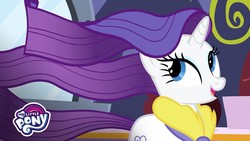 Size: 1280x720 | Tagged: safe, screencap, rarity, pony, g4, rarity's biggest fan, female, happy, mane, mare, my little pony logo, solo, windswept mane, youtube thumbnail