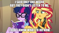 Size: 888x499 | Tagged: safe, edit, edited screencap, screencap, sci-twi, sunset shimmer, twilight sparkle, equestria girls, equestria girls specials, g4, my little pony equestria girls: better together, my little pony equestria girls: rollercoaster of friendship, bandage, caption, image macro, imgflip, impact font, magical geodes, messy hair, text