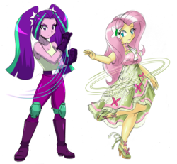 Size: 3240x2992 | Tagged: safe, artist:danmakuman, edit, aria blaze, fluttershy, human, equestria girls, g4, female, high res, lesbian, ship:ariashy, shipping