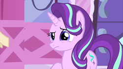 Size: 1920x1080 | Tagged: safe, screencap, starlight glimmer, pony, unicorn, g4, rarity's biggest fan, concerned, cutie mark, female, mare, raised eyebrow, raised hoof, solo