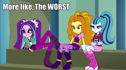 Size: 1024x571 | Tagged: safe, adagio dazzle, aria blaze, sonata dusk, equestria girls, g4, my little pony equestria girls: rainbow rocks, female, pigtails, ponytail, text, the dazzlings, trio, trio female, twintails