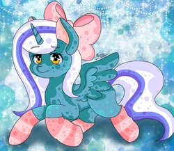 Size: 953x827 | Tagged: safe, artist:nemisis-draw100, oc, oc only, oc:fleurbelle, alicorn, pony, adorabelle, adorable face, alicorn oc, bow, clothes, cute, female, hair bow, long hair, long mane, long tail, mare, ribbon, sitting, socks, solo, striped socks, yellow eyes