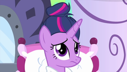 Size: 1280x720 | Tagged: safe, screencap, twilight sparkle, alicorn, pony, g4, rarity's biggest fan, alternate hairstyle, bathrobe, bun hairstyle, clothes, female, hair bun, mare, robe, solo, spa, twilight sparkle (alicorn), updo