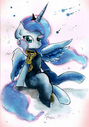 Size: 2409x3437 | Tagged: safe, artist:mashiromiku, princess luna, alicorn, pony, g4, cheongsam, chinese new year, clothes, female, high res, sitting, solo, traditional art, watercolor painting