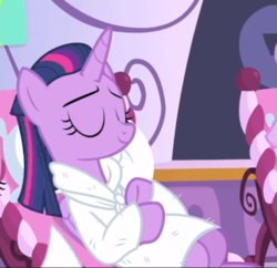 Size: 563x544 | Tagged: safe, screencap, twilight sparkle, alicorn, pony, g4, rarity's biggest fan, alternate hairstyle, bathrobe, clothes, cropped, eyes closed, female, ponyville spa, reclining, relaxing, robe, solo, twilight sparkle (alicorn)