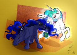 Size: 2898x2070 | Tagged: safe, artist:lupiarts, artist:snoopystallion, princess celestia, princess luna, alicorn, pony, g4, bags under eyes, coffee, collaboration, comic sins, cute, cutelestia, duo, eyes closed, female, frown, grumpy, happy, high res, magic, majestic as fuck, mare, royal sisters, siblings, sisters, smiling, tired