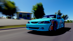 Size: 1920x1080 | Tagged: safe, artist:sevenxninja, derpibooru exclusive, rainbow dash, pony, g4, blurr, building, car, driving, driving for ponies, ford, ford mustang, forza horizon, forza horizon 3, itasha, livery, road, sky, tree
