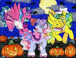 Size: 1317x1012 | Tagged: safe, artist:skypinpony, masquerade (g1), sweet stuff, whizzer, g1, clothes, costume, halloween, halloween costume, holiday, jack-o-lantern, pony wear, pumpkin