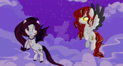 Size: 1280x690 | Tagged: safe, artist:maddeadunicorn, oc, oc only, bat pony, pegasus, pony, deviantart watermark, female, mare, obtrusive watermark, watermark