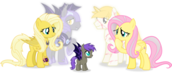 Size: 3744x1601 | Tagged: safe, artist:vector-brony, fluttershy, oc, oc:goldenblood, oc:noctilucent, oc:psychoshy, oc:stygius, bat pony, pony, fallout equestria, fallout equestria: project horizons, g4, epilogue, fanfic art, gold pipbuck 3000, older, pipbuck, pipbuck 3000, simple background, transparent background