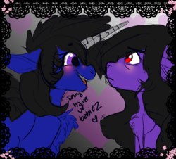 Size: 2100x1900 | Tagged: safe, artist:brainiac, derpibooru exclusive, oc, oc only, oc:brainiac, oc:brush stroke, earth pony, pony, unicorn, abstract background, blushing, brainiacs sketchbook (set), chest fluff, confused, eye clipping through hair, eye contact, female, floppy ears, frown, happy, heart, looking at each other, male, mare, open mouth, sitting, sketch, smiling, solo, stallion, text, wide eyes