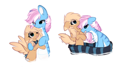Size: 1396x764 | Tagged: safe, artist:php146, oc, oc only, oc:liu, oc:mirta whoowlms, pegasus, pony, chest fluff, clothes, eye clipping through hair, pale belly, scarf, simple background, white background, white belly