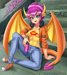 Size: 1000x1110 | Tagged: safe, artist:racoonsan, smolder, human, g4, season 8, anime, breasts, busty smolder, clothes, converse, cute, female, horn, horned humanization, humanized, jacket, jeans, looking at you, older, open mouth, pants, shirt, shoes, smolderbetes, sneakers, solo, spray can, spray paint, stairs, tailed humanization, tomboy, winged humanization, wings