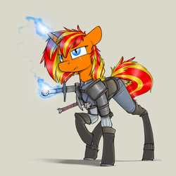 Size: 1280x1280 | Tagged: safe, artist:sinrar, oc, oc only, oc:amber shield, pony, unicorn, armor, commission, crossover, magic, simple background, solo, sword, the witcher, weapon