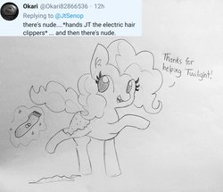 Size: 1676x1440 | Tagged: safe, artist:tjpones, pinkie pie, earth pony, pony, g4, ask, dialogue, ear fluff, electric razor, female, hair clipper, implied twilight sparkle, magic, magic glow, mare, offscreen character, raised hoof, shaved, telekinesis, text, tumblr, twitter